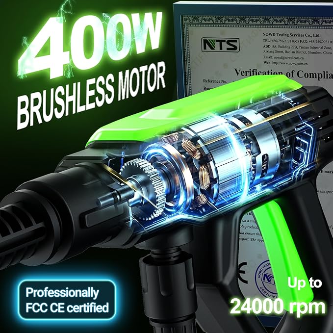 Cordless Washer, 5 Gear Brushless Washer for Car Washing, Patio, Fence, Driveway, Outdoor Cleaning， with 2 Batteries, 6 in 1 Nozzle, 6 Meter Hose, Tap Adapter