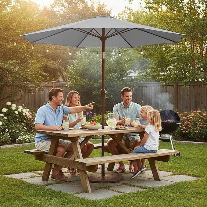 9ft Patio Umbrella with Push Button Tilt and Crank,Outdoor Market Table Umbrella UV Protection 8 Sturdy Ribs for Backyard,Garden,Pool,Deck(Light Gray)