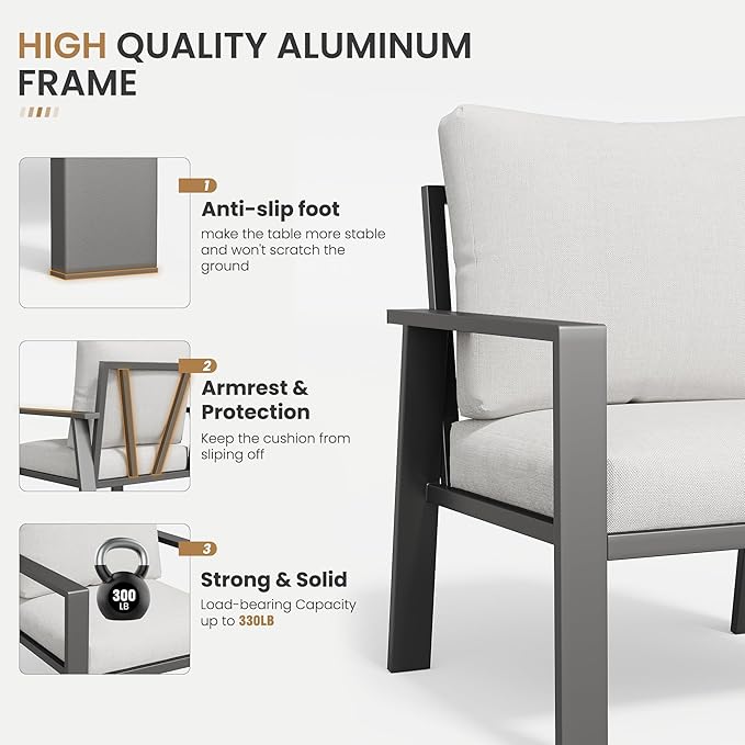 Aluminum Patio Conversation Set 5 Pieces Metal Deck Outdoor Furniture 7-Seat All-Weather Rust-Proof Sectional Sofa Set with Removable Cushion for Balcony, Yard, Poolside & Small Spaces