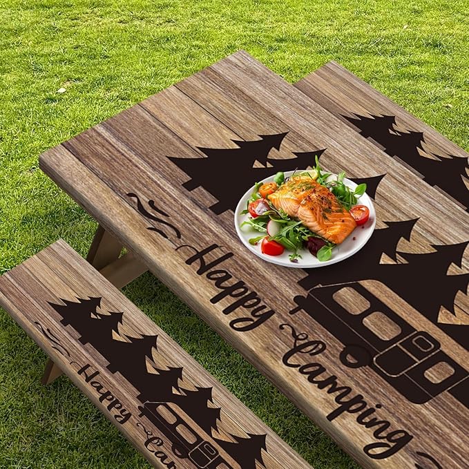 Picnic Table Cover with Bench Covers Elastic Edges, Wooden Camper Fitted Table Cover, Outdoor Patio Camping Essentials 60 Inch 3PCS, Waterproof Camping Fitted Tablecloth with Drawstring Bag