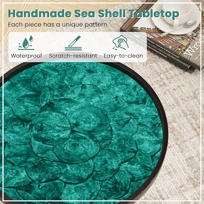 Giantex Outdoor Side Table, Round End Table with Epoxy Resin Finish, Sea Shell Decoration, Mahogany Wood Frame, Tray Top, Patio Side Table for Living Room, Pool, Yard, Porch (Green, 20” x 20” x 21.5”)