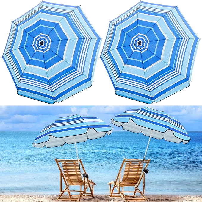 Buryeah 2 Pcs Beach Chair Umbrella Automatic with Universal Adjustable Clamp 44" UPF 50+ Portable Clamp on Beach Chair for Wheelchair Patio Golf Carts Camping
