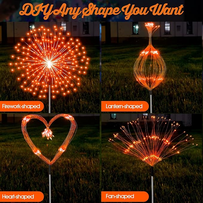 Tujoe 4 Pcs Christmas Solar Decoration Outdoor Orange Solar Firework Lights 180 LED 8 Modes Waterproof LED Stake Sparkler Decor for Holiday Walkway Pathway Garden Driveway Path Lawn Yard (Orange)