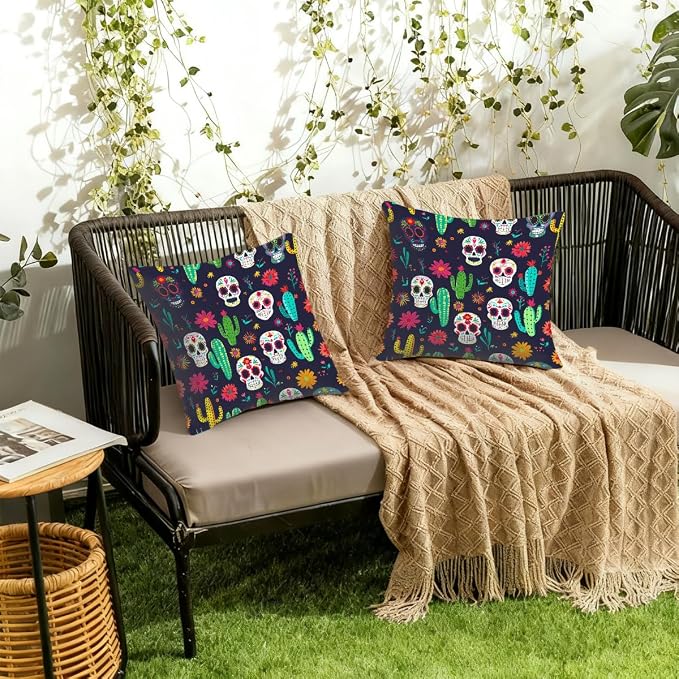 20x20 Inch Outdoor Pillow Covers Set of 2 Waterproof Throw Pillow Covers Decorative Couch Cushion Covers Mexican Skulls Cacti Flowers Square Pillowcases Protectors for Patio Garden Sofa