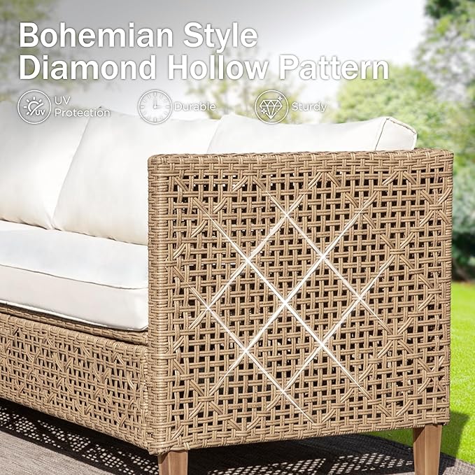 PHI VILLA Outdoor Sectional Couch, Wicker Patio Furniture Set with Cushions and Acacia Wood Coffee Table, L-Shape Small Outdoor Corner Sofa Set for Deck or Porch, 4 Seats, Beige