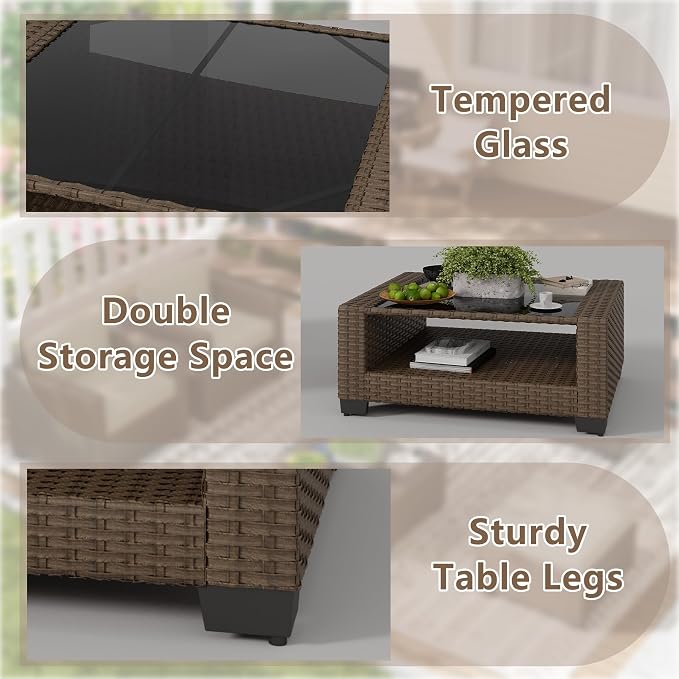 LOUVIXA 7 Piece Outdoor Patio Furniture Set, Rattan Chairs Glass Table Wicker Conversation Seating Sectional Sofa with Cushions (Brown-Peacock Blue, 7Pcs-2 Layer Coffee Table)