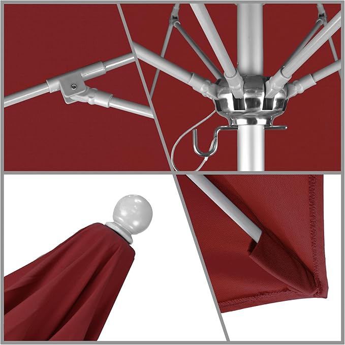 California Umbrella 9' Round Aluminum/Fiberglass Umbrella, Push Open, Silver Pole, Olefin Red Fabric