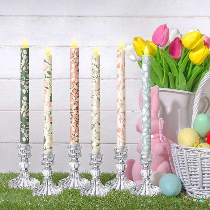 Honoson 6 Pcs Mother's Day Flameless Taper Candles 10.6 Inch Pastel Spring Flower Candles Battery Operated LED Candlesticks for Mother's Day Dinner Table Home Party Decor