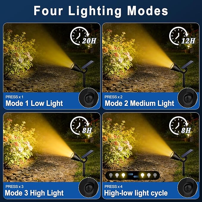 WELALO Solar Spot Lights Outdoor Waterproof IP65, 6 Pack 4 Lighting Modes Solar Powered Landscape Spotlights with Auto On/Off, Solar Garden Christmas Yard Pathway Wall Lights for Outside, Warm White