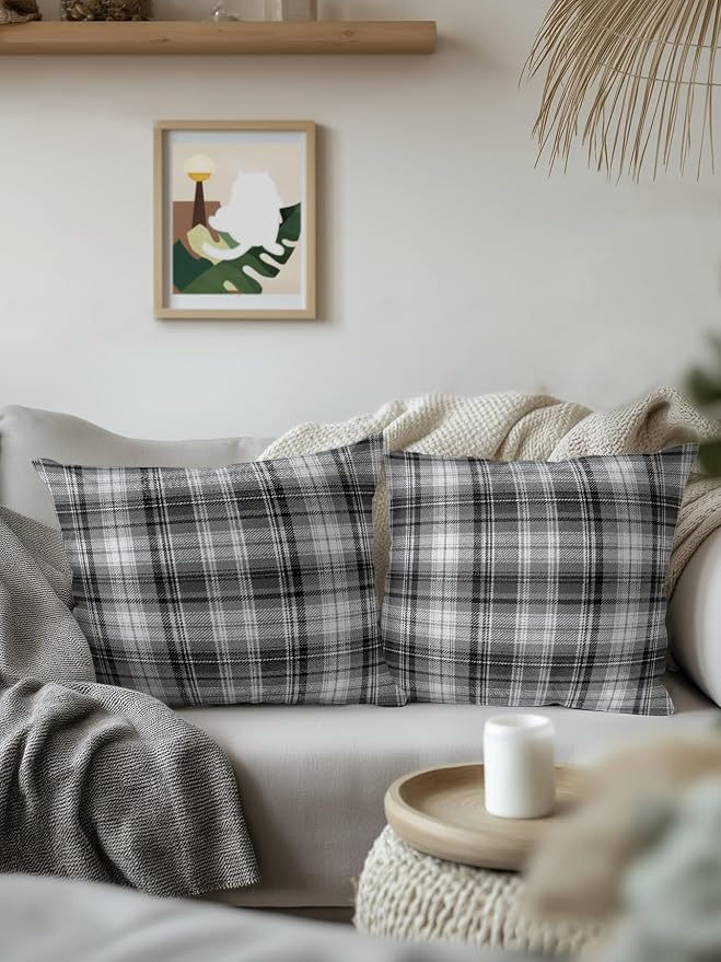 Waterproof Outdoor Pillow 1 Pack Gray Checked Plaid Decorative Throw Pillows Cover & Insert 16x16 Inch Pillowcase Stripes Woven Grid Square Pillows for Couch Sofa Bed Patio Furniture Indoor Outdoor