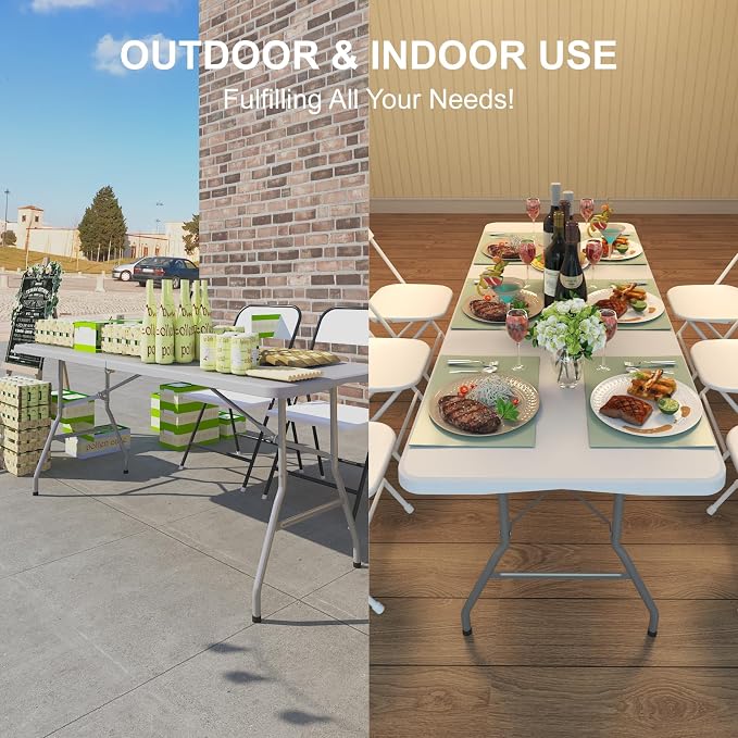 6FT Folding Table 2 Pack, Portable Plastic Folding Table, Fold up Tables with Carrying Handle, Easy Foldable and Storage for Dinning Camping Picnic Indoor Outdoor