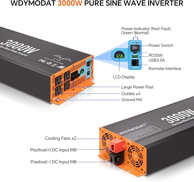3000W Pure Sine Wave Inverter,12V DC to 120V AC Car Power Inverter 6000W Peak with 4 AC Outlets, 3.0A USB and Type-C, LCD Display 16.5 ft Remote Control for RV Truck Travel Solar Emergency