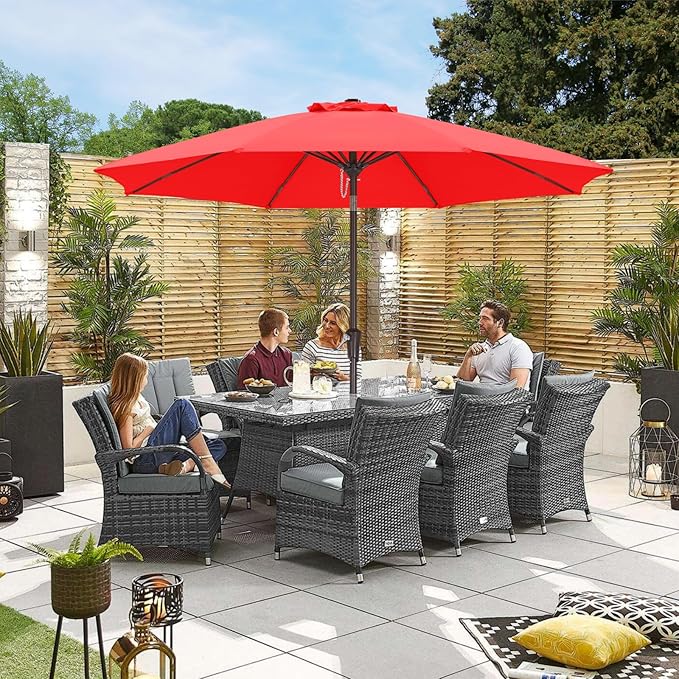 ABCCANOPY 9FT Outdoor Patio Umbrella, 8 Ribs Table Umbrella w/Crank for Easy Set Up, Suitable for Garden, Lawn, Deck & Backyard (Red)
