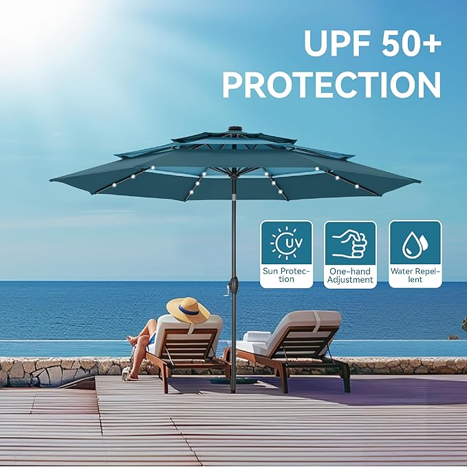 GREEN PARTY 10ft Patio Umbrella with Solar Lights, Auto-Tilt Lighted Market Table Umbrellas with Crank, 8 Sturdy Ribs & 1.5" Pole outdoor umbrellas for Patio Garden Deck Backyard Pool, Blue & Cerulean