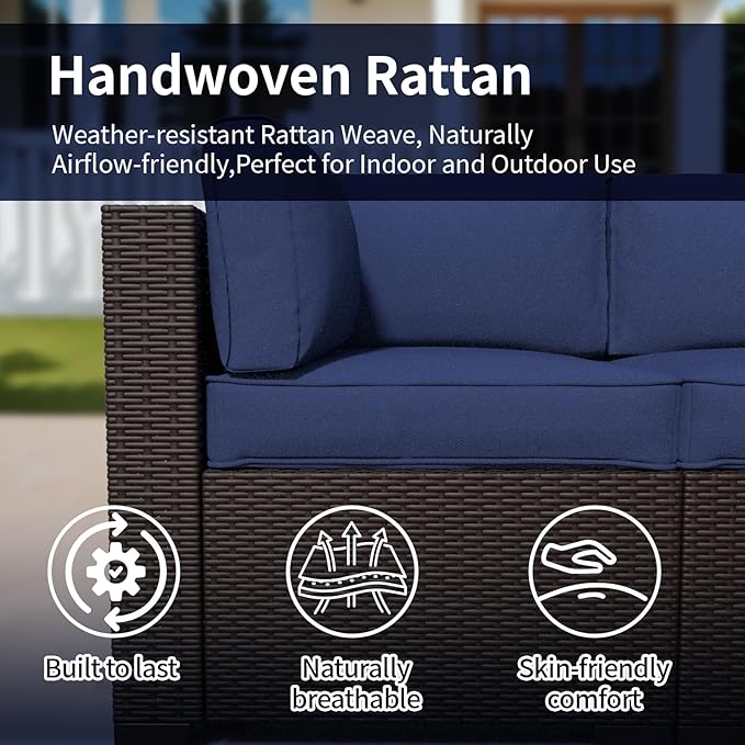 7 Piece Patio Furniture Set, Wicker Patio Conversation Sets, Outdoor Sectional Furniture with Tempered Glass Table, for Backyard, Deck, Garden, Dark Brown Rattan & Dark Blue Cushions