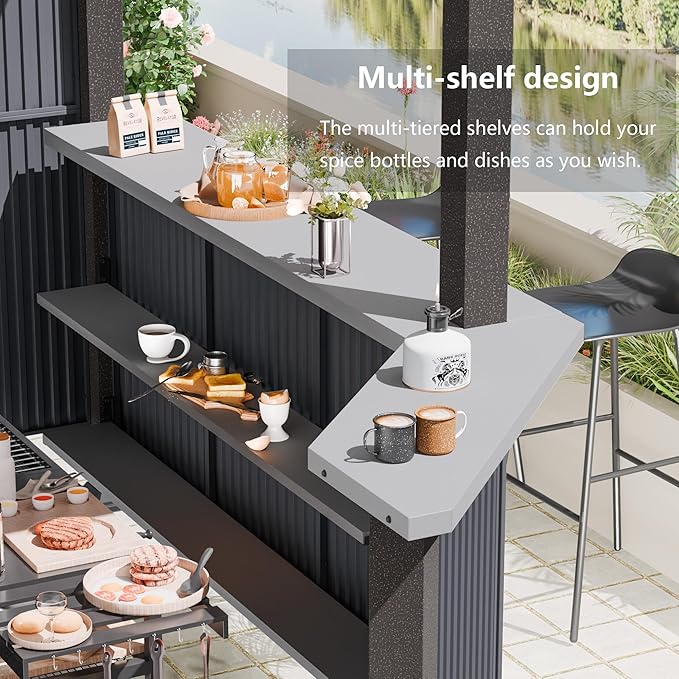 10' x 10' Hardtop Grill Gazebo,Outdoor Galvanized Steel BBQ Lean to Gazebo with 2 Side Shelves,Permanent Hardtop Grill Canopy with Independent Countertop for Patio Backyard Lawn Garden