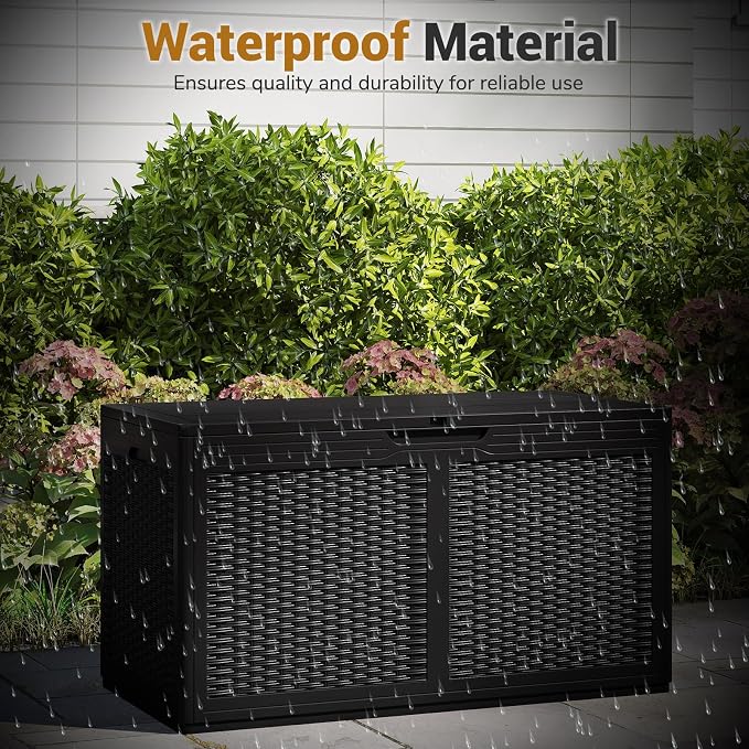 Tangkula 100 Gallon Outdoor Storage Box, Lockable Outdoor Storage Bench with 2 Smooth Wheels, Faux Rattan Surface, Waterproof Resin Deck Box for Outside Poolside Patio Garden (Black)