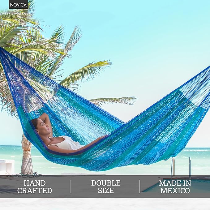 NOVICA Artisan Crafted Hammock Striped Rope | Mayan Bright Cobalt | Two Person Capacity | Blue Green Color | Striped Hand Woven | Handmade Nylon | Mexico 'Cool Lagoon'(Double) 78" L x 78" W