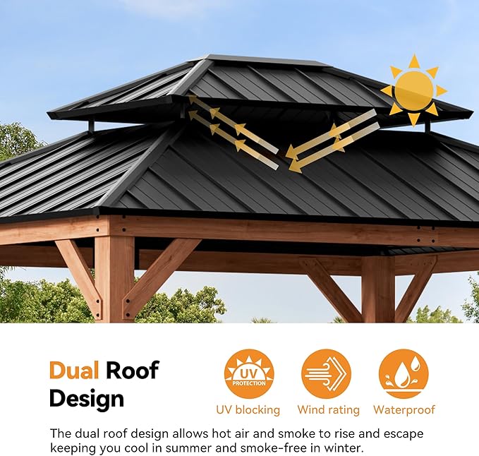Modern Shade Rosewood Wood Gazebo 10' x 12', Hardtop Gazebo Permanent with Double Galvanized Steel Roof, Cedar Outdoor Gazebo with Sturdy Hooks for Garden, Backyard, Patio, and Deck
