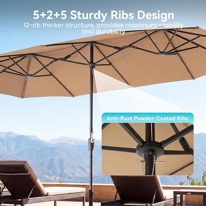 COSIEST 13FT Patio Umbrella with Solar Lights, Outdoor Double-Sided Table Umbrella,Large Rectangular Market Umbrella w Crank Handle for Garden, Pool, Deck Shade, Khaki