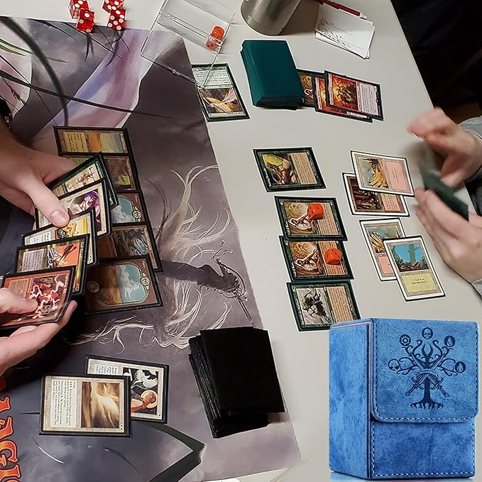 PROMAXIBINDER MTG Commander Deck Box with 2 Dividers, Fits 100+ Single Sleeved Cards, Strong Magnet Magic Gathering Deck Box, PU Leather Trading Card Storage Box for TCG CCG MTG Cards (Navy Blue-Tree)