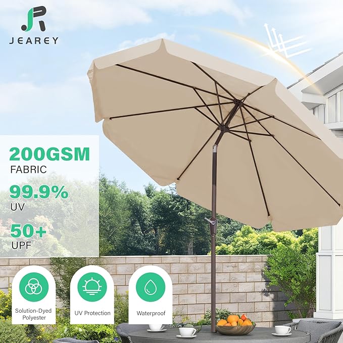 JEAREY 9 FT Patio Umbrella Outdoor, Table Umbrellas Market Umbrella w/Push Button Tilt/Crank, 8 Sturdy Ribs(Beige)
