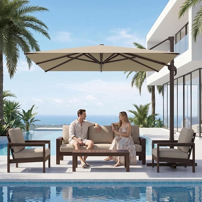 Kingdura 9' X 9' Cantilever Patio Umbrella with Base Included, Large Square Outdoor Offset Umbrella with 360-degree Rotation, 4 Position Tilt, UV Protection for Pool Deck Garden Patio (Beige)