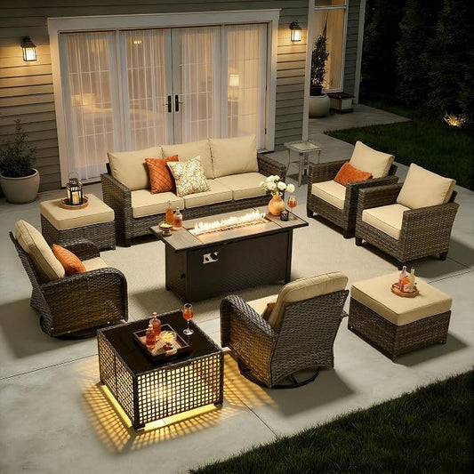 10 Piece Wicker Patio Furniture Set with Firepit, Beige | High Back Swivel Rocker Chairs, 54-inch Fire Pit, Outdoor Sofa Ottoman Solar Lights Table, Conversation Sets, Deck Backyard