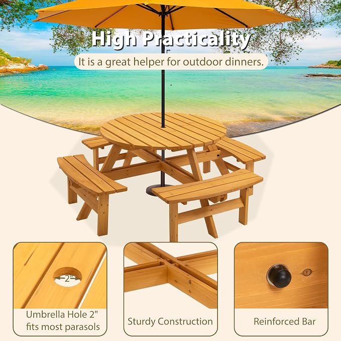 8 Person Outdoor Picnic Table with Wooden Bench, Round Picnic Table Dining Table w/ 4 Built-in Benches ,Umbrella Hole, Outside Table and Bench Set for Garden, Backyard, Porch, Patio, 2220lb Capacity