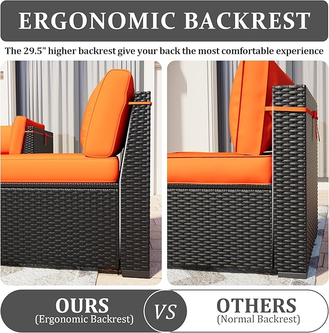 Patio Furniture Set, 7 Pieces Outdoor Sectional Sofa Set with Waterproof Cover, Black PE Wicker Rattan Slanted Back Outdoor Conversation Set with Cushions and Glass Coffee Table, Orange