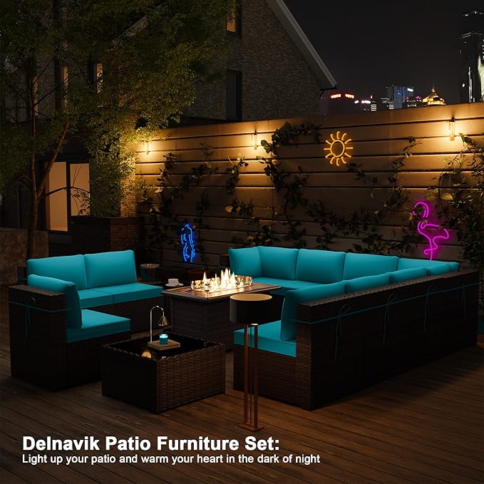 Patio Furniture Set with Fire Pit Table 13-Pieces Outdoor Sectional Furniture Outdoor Rattan Patio Conversation Sets with 43in Propane Gas Fire Pit Table and Glass Table, Blue