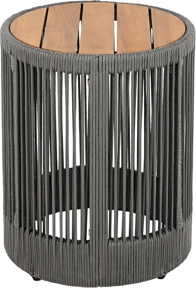 Outdoor Rattan Rope & Acacia Wood Side Table - Patio Balcony Furniture for Garden, Yard, Balcony - Weather Resistant(Rope Grey, Natural Iron)