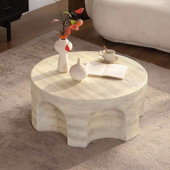Round Marble Coffee Table 31.5" Faux Stone Coffee Table for Living Room, Modern Travertine Center Table, Magnesium Oxide, No Assembly, Beige