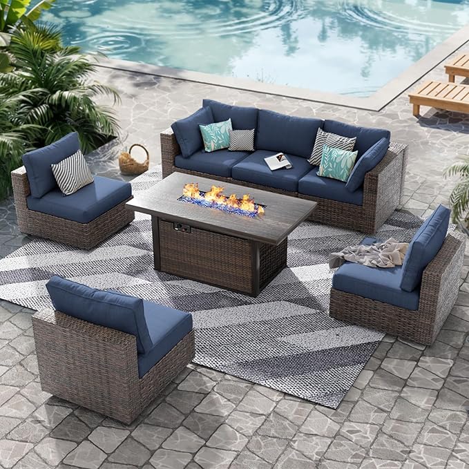 Grezone Patio Furniture Set,7 Piece Patio Furniture Set with Fire Pit Table,PE Wicker Rattan Sectional Sofa Patio Conversation Set with Thickened Cushions, Blue