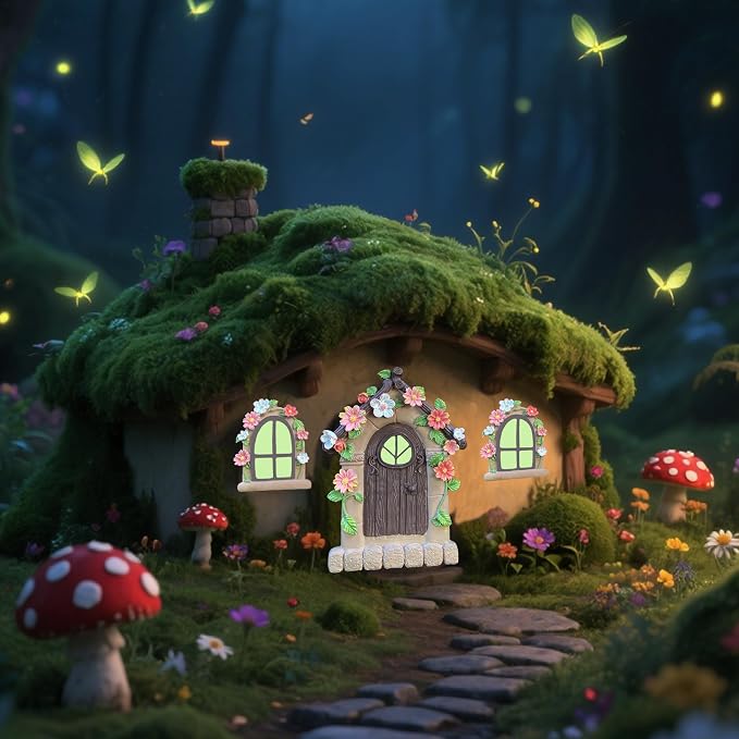 FESTGLOX Fairy Garden Door and Windows for Trees Outdoor, Glow in The Dark | Fairy Garden Door House Kit Miniature Accessories for Tree Trunk, Gnome, Outdoor Yard, Stump, Lawn