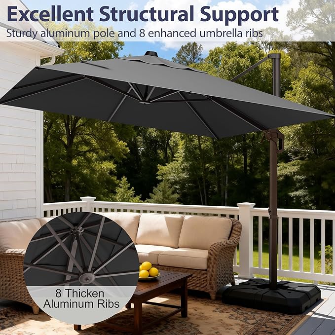 9' X 12' Cantilever Patio Umbrella Rectangle Outdoor Umbrella with Base Included, 6-Level Tilt & 360° Rotation Offset Umbrella for Garden, Deck, Pool (Grey)