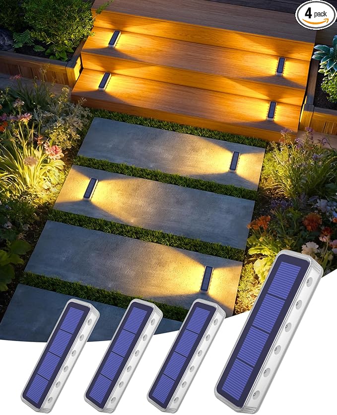 DetarZinLED Solar Step Lights for Outside 4 Pack, 12 LEDs 2-Sided Illumination Solar Stair Lights Outdoor IP68 Waterproof,Auto On/Off Deck Lights Solar Powered for Patio,Yard,Path,Walkway (Warm White)
