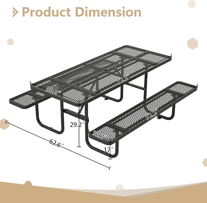 72 Inch Rectangular Metal Picnic Table with 1.73" Umbrella Hole, Heavy-Duty Steel Mesh Table Set, Weather Resistant Sturdy Outdoor Furniture, for Patio, Garden, Courtyard & BBQ, Black