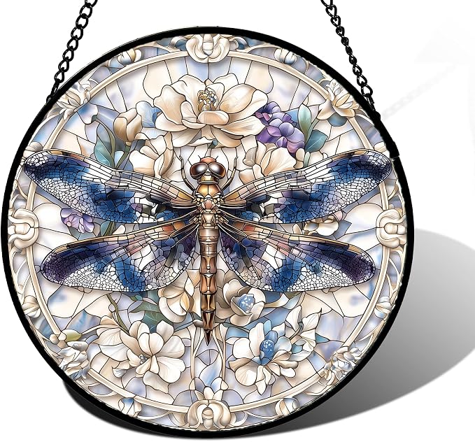 DASTOLL Stained Glass Window Hanging, Dragonfly Flower Suncatcher for Doors Home Sun Catchers Decoration and Christmas, Mother's Day Birthday Gifts for Women, Men, and Mom 6.3 in