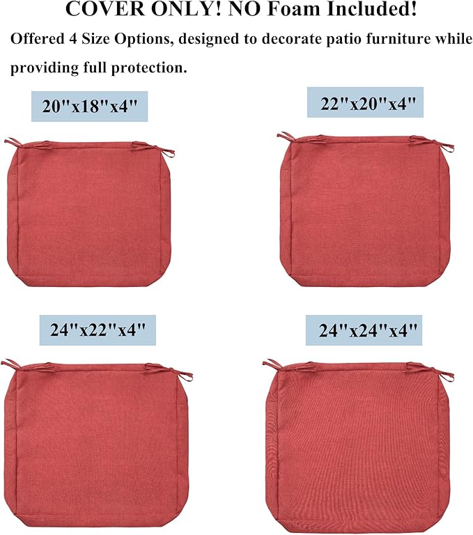 FUNHOME 2 Pack Outdoor Cushion Slipcovers 24" x 24" x 4", No Insert! Water-Resistant Patio Chair Seat Cushion Covers with Zipper and Tie, Replacement Cover Only(Sangria Red)