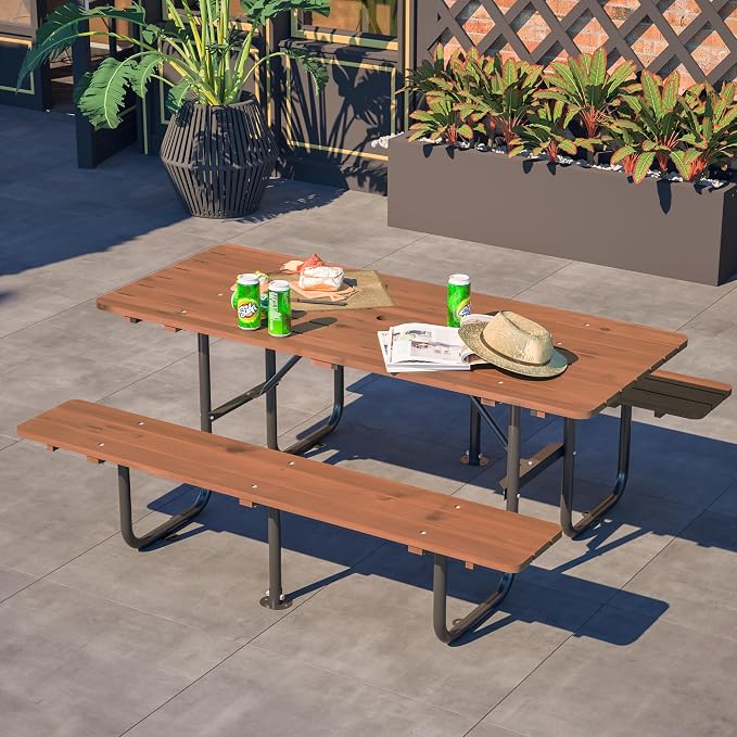 72" Rectangular Commercial Picnic Table for 6 Person, Heavy Duty Outdoors Dining Table Set with Wooden Top, Metal Legs,1.97" Umbrella Hole,Waterproof & Corrosion-Resistant, Ideal for Garden, Backyard