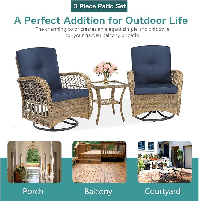 MEETWARM 3 Pieces Outdoor Wicker Swivel Rocker Patio Set, Rocking Chairs Rattan Patio Furniture Sets with Thickened Cushion and Glass-Top Coffee Table, Conversation Bistro Set for Porch (Navy Blue)