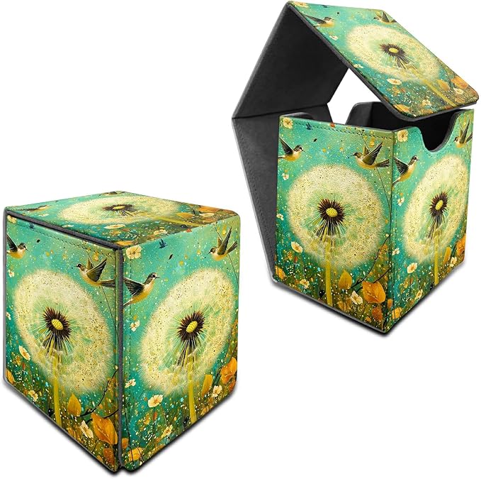 Deck Box for MTG, Cards Storage Box Fits 120+ Sleeved, Leather Medium Size Strong Magnetic Closing Card Case for Board Games Magic TCG CCG Baseball Collection, Blue Dandelion