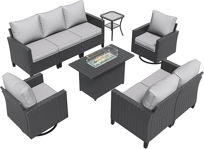 Amopatio Patio Furniture Set, 6-Piece Wicker Outdoor Sectional Sofa with Swivel Rocker Chairs, Rattan Conversation Set with Fire Pit Table and Waterproof Cover for Backyard Black/Light Grey
