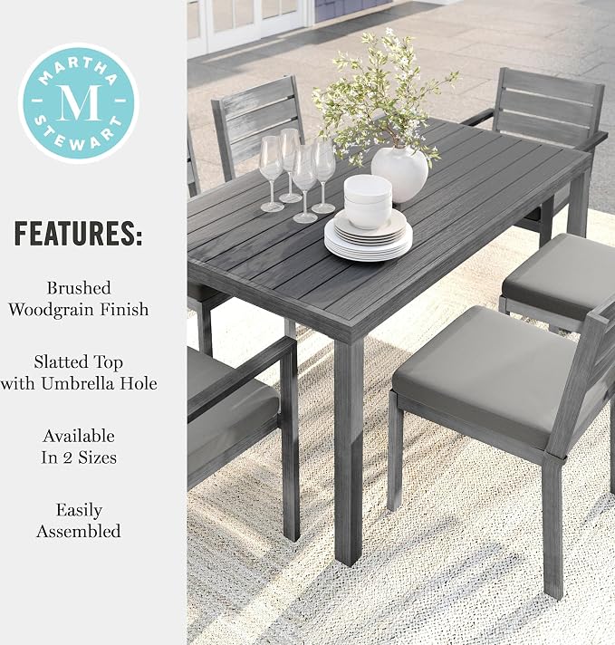Martha Stewart Bedford 62" Indoor-Outdoor Aluminum Patio Table with Umbrella Hole and Brushed Woodgrain Finish in Gray
