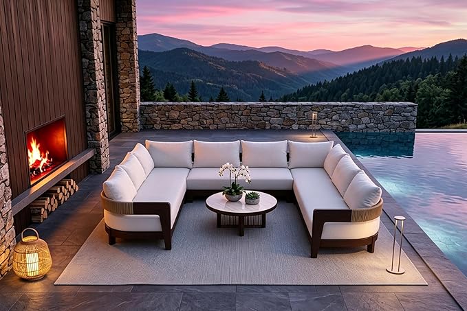 PURPLE LEAF Patio Furniture Set 9 Pieces U-Shaped with Table and Loveseats Modern Aluminum Sectional Sofa 7.87" Thick Removable Cushions & Pillows Outdoor Conversation Sets for Porch Yard Garden