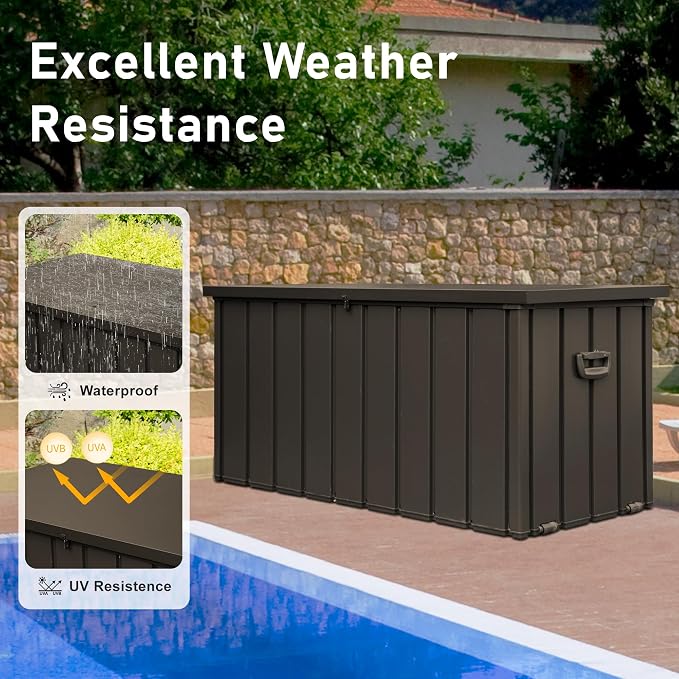 Domi 160 Gallon Deck Box Outdoor Storage Box, Large Metal Storage Cabinet Waterproof Lockable Container for Patio Furniture Cushions Garden Tools Pool-Supplies, Brown