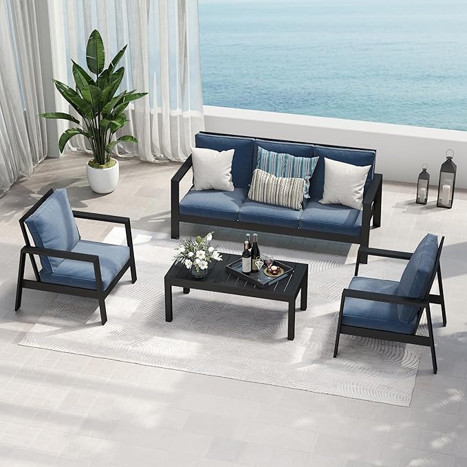 Solaste Aluminum Outdoor Patio Furniture Set, 5 Seats Water-Resistant Patio Conversation Set, Modern Metal Furniture Set with Coffee Table for Backyard Poolside Garden, Blue