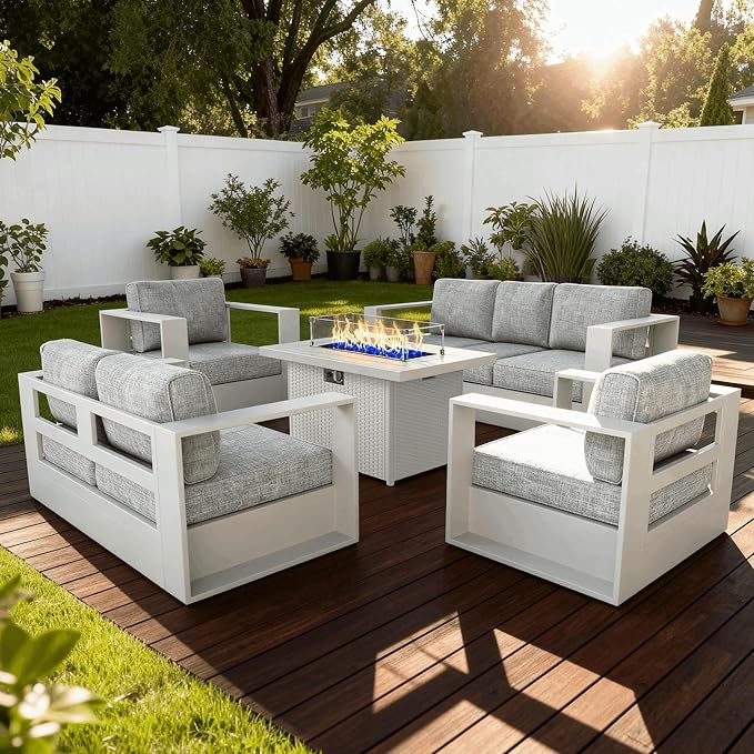 5 Pieces Patio Furniture Set with Fire Pit Table, Metal Modern Conversation Set with Deep Seating and Widened Aluminum Frame for Deck, Porch, Garden