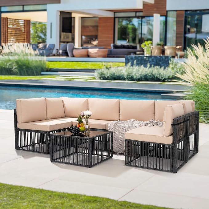Pamapic 7-Piece Patio Furniture Set, Large Handwoven Wicker Outdoor Sectional Set with Coffee Table, All-Weather Patio Sofa Conversation Set for Backyard, Poolside, Garden